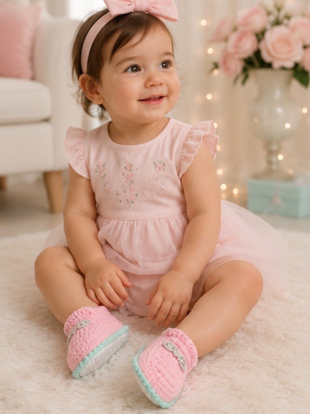 Handmade Crochet Baby Booties Pink Mint Soft Newborn Slippers 13cm